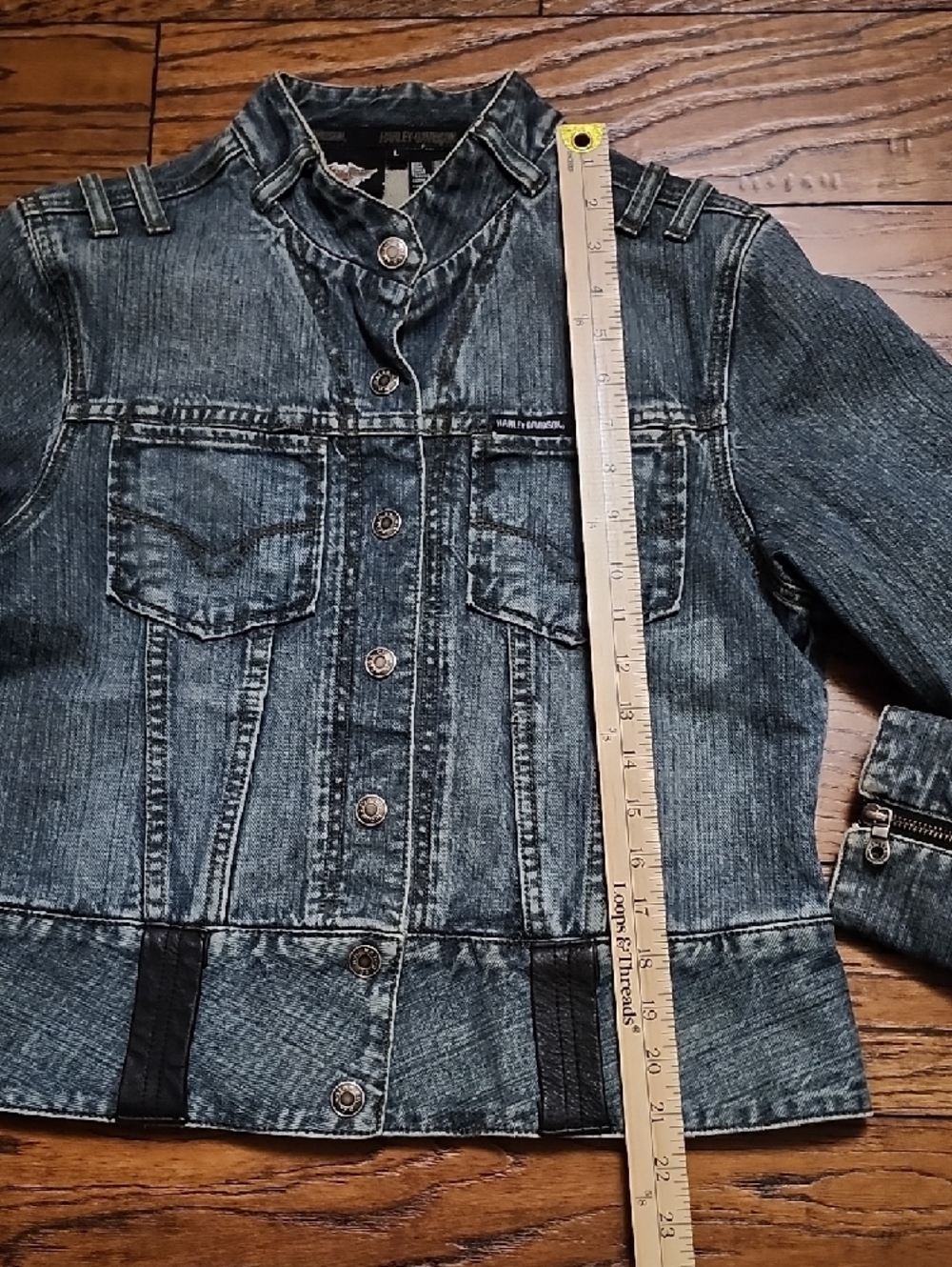 Harley-Davidson Denim Jacket Large Embroidered Logo Leather Trim Snap Front Zip - Picture 13 of 16
